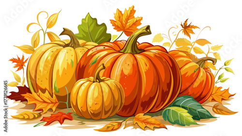 Very beautiful close-up of small pumpkins and autumn leaves on white background, realistic fall colors and textures.