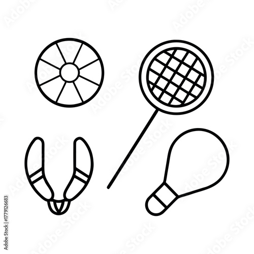 Line art icons of a soccer ball, basketball, tennis racket, and badminton shuttlecock, all on a white background.