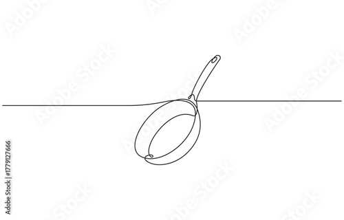 Continuous one line drawing frying pan, kitchen, equipment concept, single line art style vector illustration.