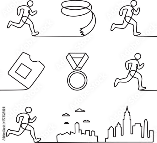 Running icon set, line art, continuous line, marathon, runner, city, race, medal, sport, minimalist