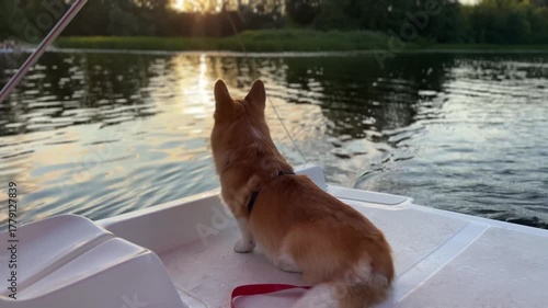 Happy corgi dog enjoys the life on the sunset