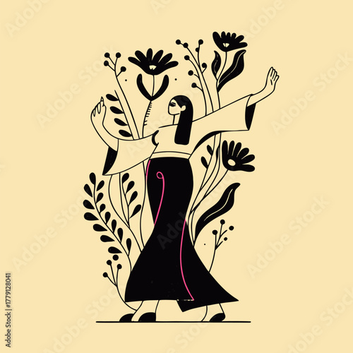 Elegant Woman Dancing Amidst Stylized Black Flowers in Minimalist Monochrome