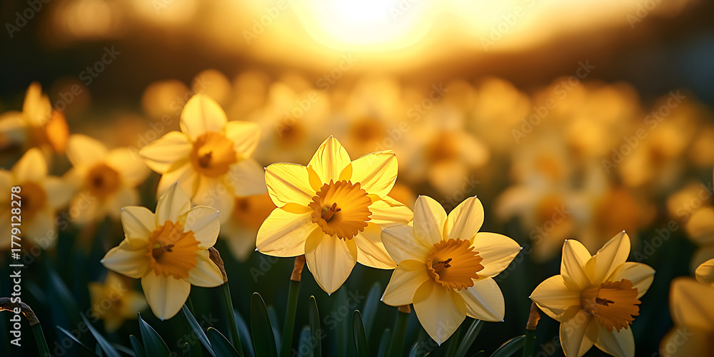 Obraz premium Close up of bright yellow daffodils blooming in a field at sunrise with warm golden light