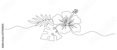 Hibiscus flower in one line art drawing style. Vector continuous illustration, tropical sketch