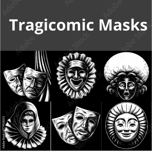 Tragicomic masks in black and white illustrating theatrical duality  