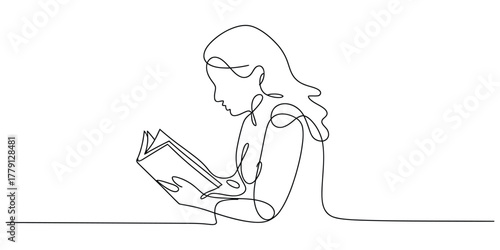 Minimalist continuous line art of person reading a book quietly