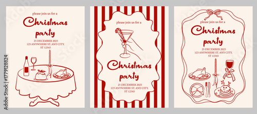 Set of  Christmas party invitation template. Minimal line art holiday dinner design with wine, pudding, roast, and candle illustration
