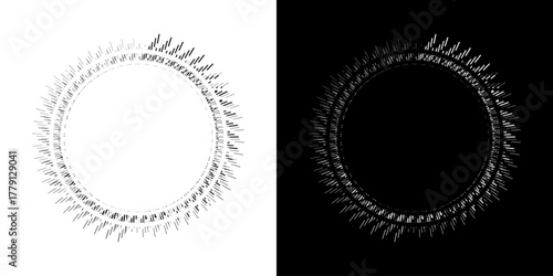 Dynamic abstract spiral sound wave rhythm lines. Circular spiral sound wave rhythm of lines. Circular futuristic abstract lines, black and white background.	
