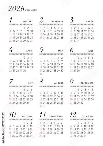 2026年_年間カレンダー_シンプル タテ型