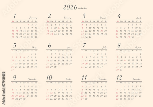 2026年_年間カレンダー_レトロ ヨコ型