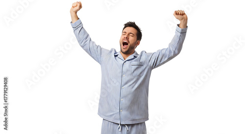 Man in pajamas stretching and yawning after waking up from a restful sleep, feeling refreshed and ready to start the day.