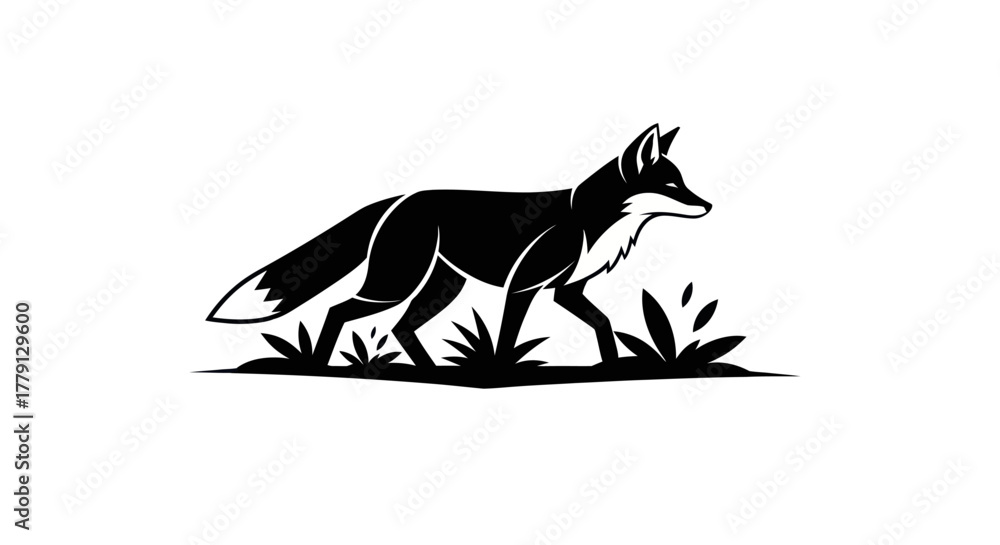 Fototapeta premium Black silhouette of a walking fox with grass elements against white