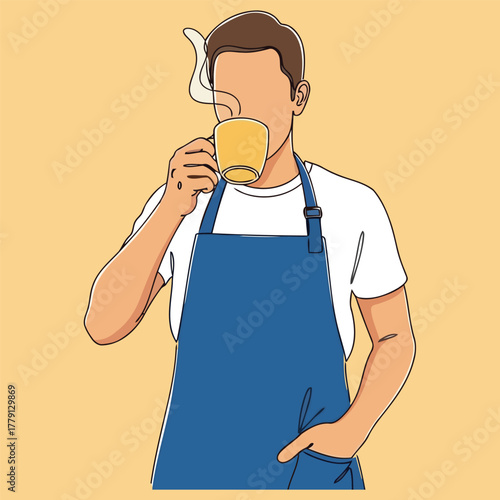 Man in apron drinking coffee from a mug illustration on beige background