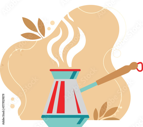 Traditional turkish coffee pot with steam isolated on white background