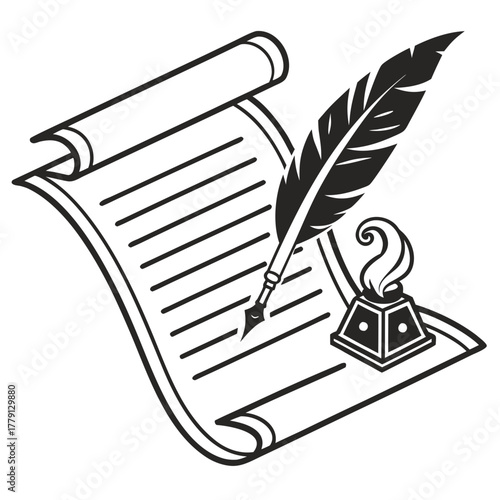 Scroll with feather pen and inkwell in black