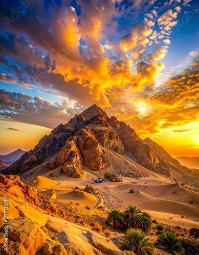 Majestic mountain range at sunset, dunes below, and an amazing sky