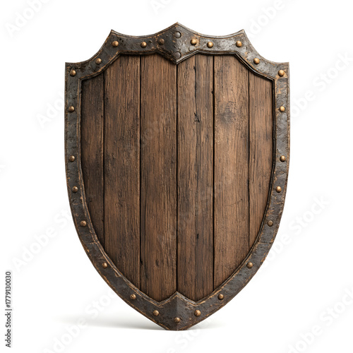 Old wooden medieval shield with metal border and brass rivets