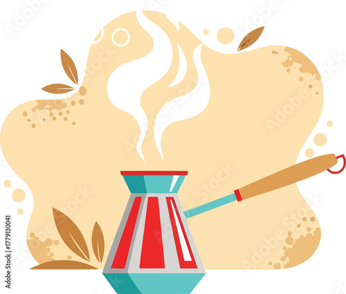 Turkish coffee pot with steam isolated on white background illustration