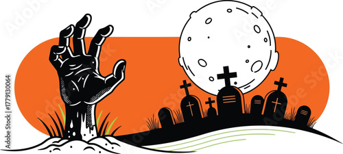Zombie hand rising from the grave isolated on white background in graveyard