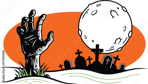 Zombie hand rising from grave isolated on white background illustration