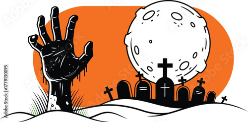 Zombie hand rising from the grave in a graveyard isolated on white background