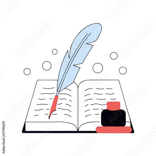 Feather quill writing in an open book with ink