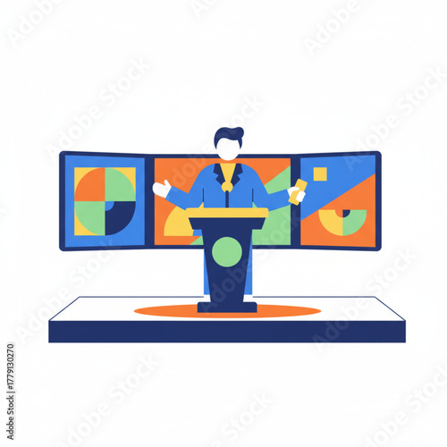 Flat vector illustration of a security professional monitoring multiple screens for CCTV or surveillance footage.