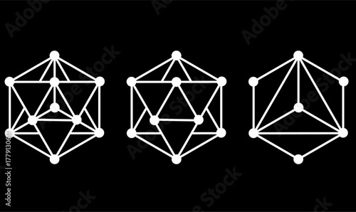 set of Metatron Cube or merkaba symbol with line white isolated black background.