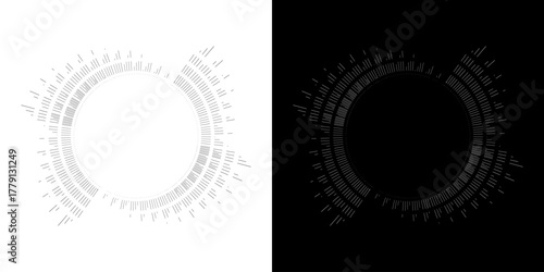 Dynamic abstract spiral sound wave rhythm lines. Circular spiral sound wave rhythm of lines. Circular futuristic abstract lines, black and white background.	
