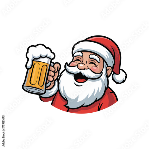 Smiling Santa Claus Toasting with a Mug of Beer,Santa Drinking Beer Illustration, 
