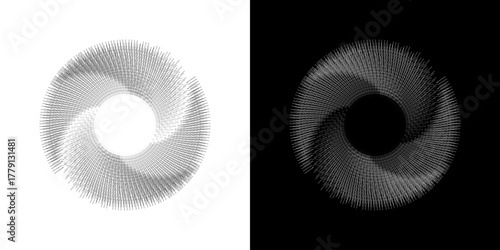 Dynamic abstract spiral sound wave rhythm lines. Circular spiral sound wave rhythm of lines. Circular futuristic abstract lines, black and white background.	
