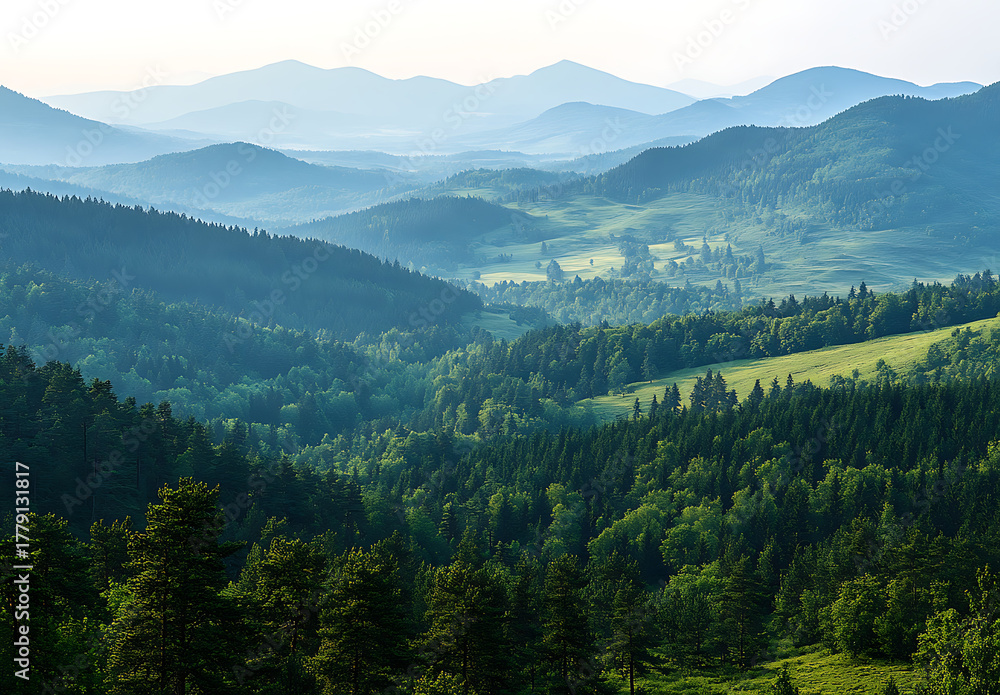 Fototapeta premium Misty mountain landscape with rolling green hills and dense forest