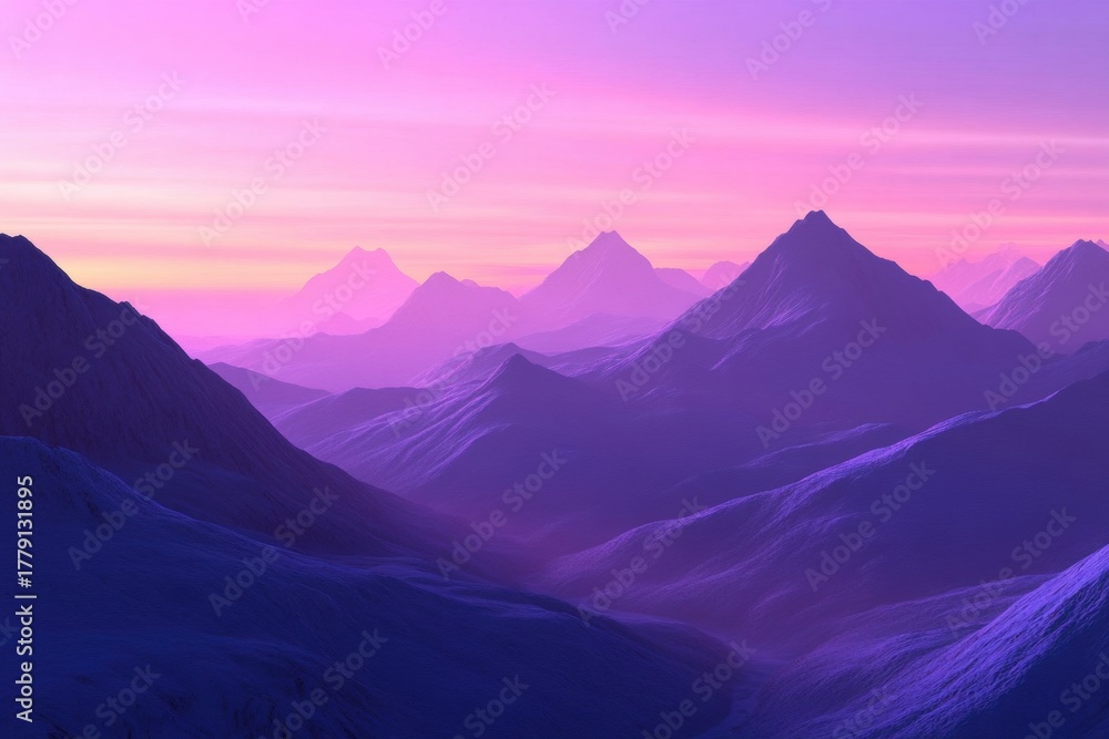 Fototapeta premium Purple Mountain Majesty: A breathtaking vista unfolds as towering peaks pierce the twilight sky, painting a serene scene of natural beauty and tranquility.