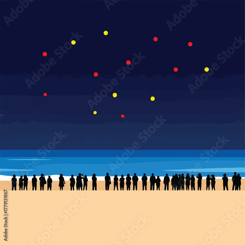 Starry Beach Gathering Vector Silhouettes Observing a Night Sky Scene