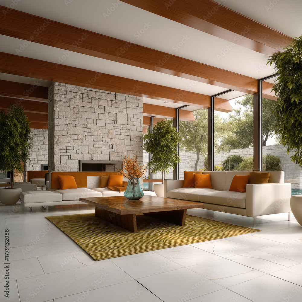 Naklejka premium Mid century modern living room with stone fireplace, large windows, white sofa, orange pillow, wood ceiling, green rug