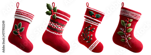 Red Christmas stocking with holly decoration isolated transparent background.