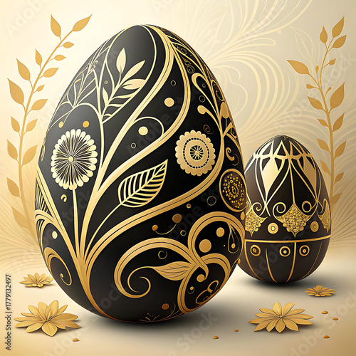 Two stylized dark easter eggs with intricate gold floral patterns and golden flourishes illustration