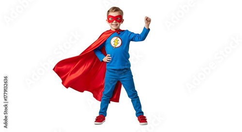 A young boy in a blue suit, red mask, and red cape dressed as a superhero with his fist up in the air, looking powerful.