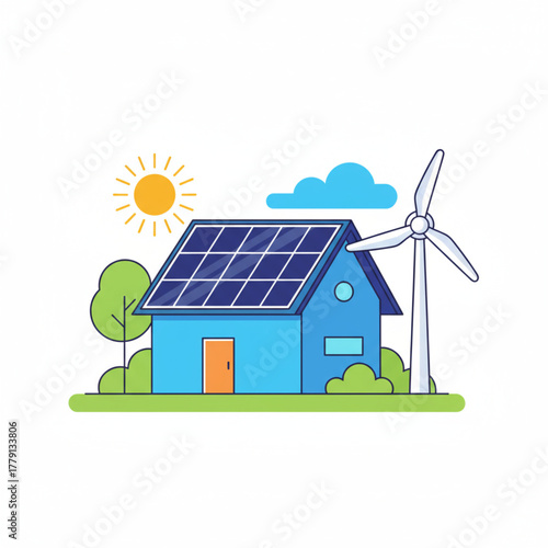 Flat vector illustration of a sustainable modern home powered by rooftop solar panels and a wind turbine in a sunny landscape