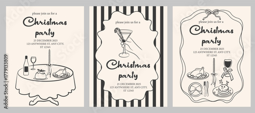 Set of  Christmas party invitation template. Minimal line art holiday dinner design with wine, pudding, roast, and candle illustration