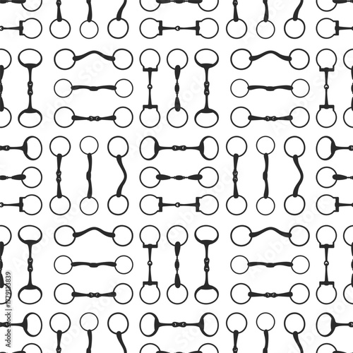 Seamless pattern of various horse bits in black silhouette style on white background
