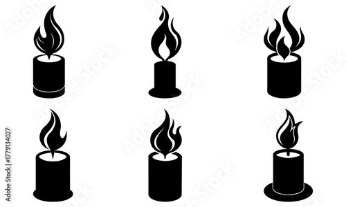 Six elegant candle icons with flickering flames capture warmth, ambiance, and peaceful moments for design projects