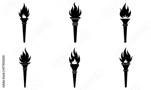 Dynamic collection of six stylized black torches with vibrant flames, symbolizing inspiration, victory, and illumination for modern projects