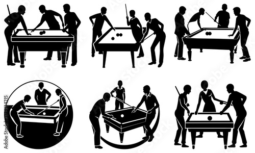 Dynamic silhouettes capture diverse groups enjoying exciting games of pool, showcasing strategy, focus, and friendly competition in various playful scenes.