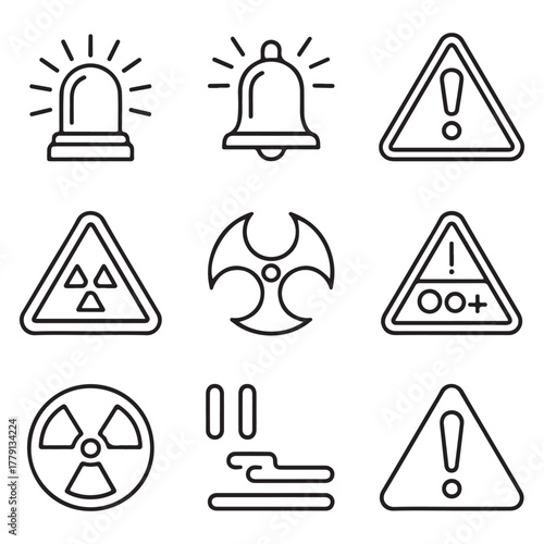 Industrial Hazard Symbol Collection | Safety, Alert, Radiation, Toxic, and Biohazard Line Icons