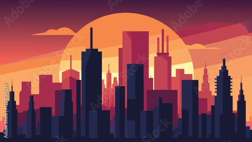 Modern city skyline silhouette at sunset with warm orange sky