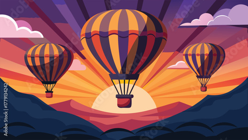 Three hot air balloons ascend over mountains at sunrise with vibrant sky Illustrations