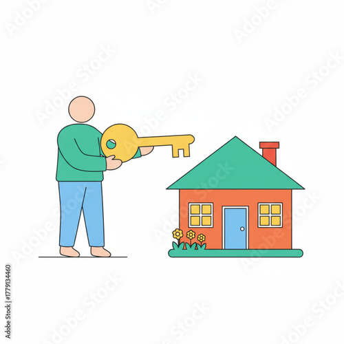 Symbolizing the purchase of a new house, focusing on the key and the dwelling.