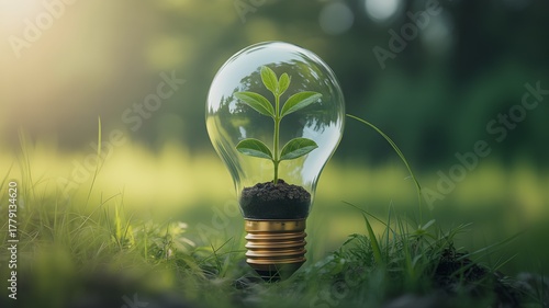 Lightbulb with green plant growing on soil ecology concept vector