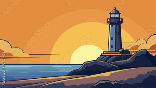 Coastal lighthouse at sunset with ocean and sandy shore Illustrations